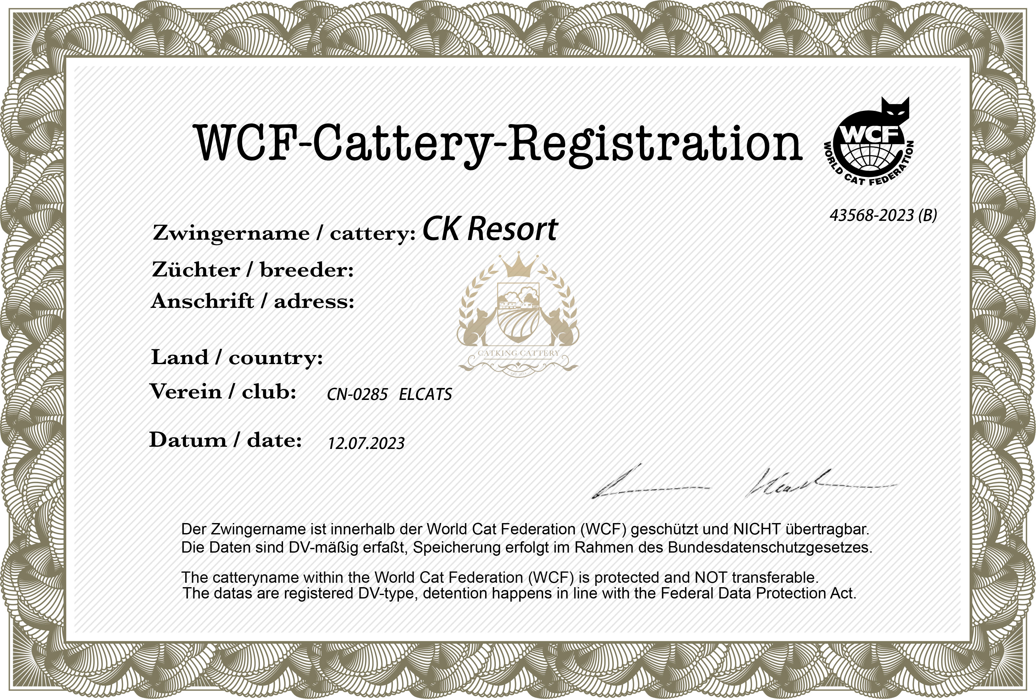 CatKing TICA Certificate